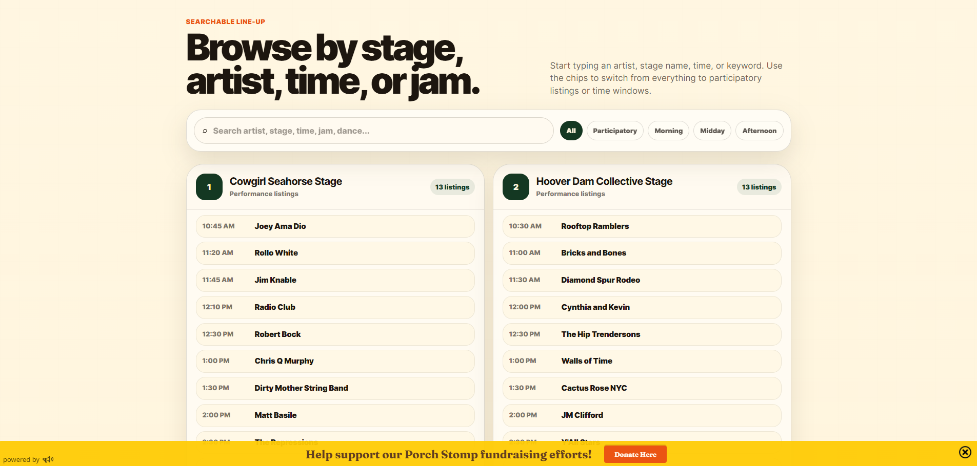 Current searchable Porch Stomp lineup browser